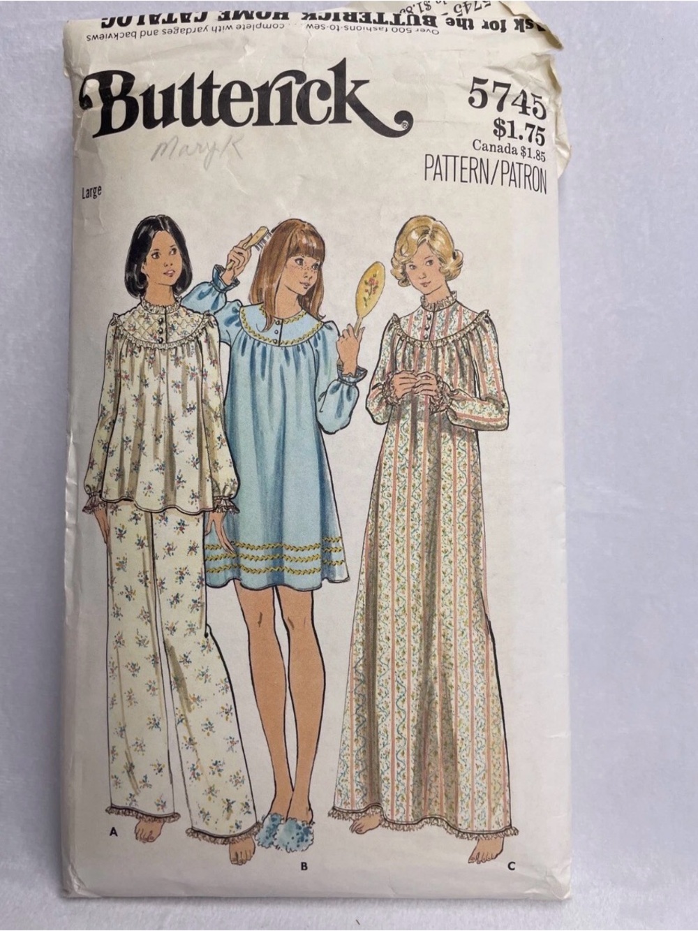 Vintage Butterick Pajama & Nightgown Pattern Size Large Misses #5745 Sewing